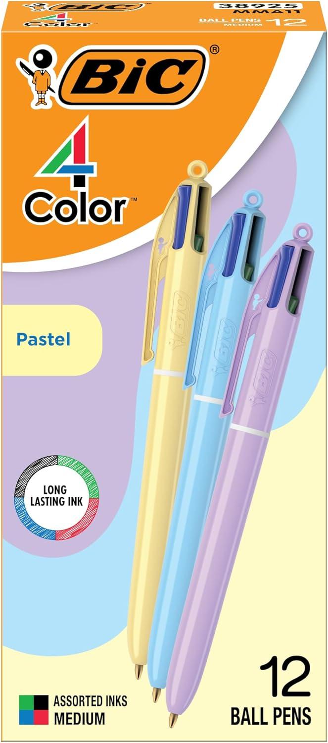 imageBIC 4Color Retractable Ballpoint Pens with 10 mm Medium Point and Assorted Ink Colors 12Count PackBlack  Blue  Green  Red Ink