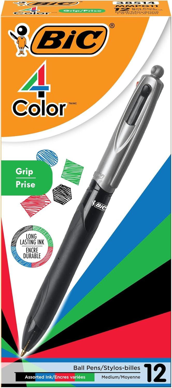imageBIC 4Color Retractable Ballpoint Pens with 10 mm Medium Point and Assorted Ink Colors 12Count PackBlack  Blue  Green  Red Ink