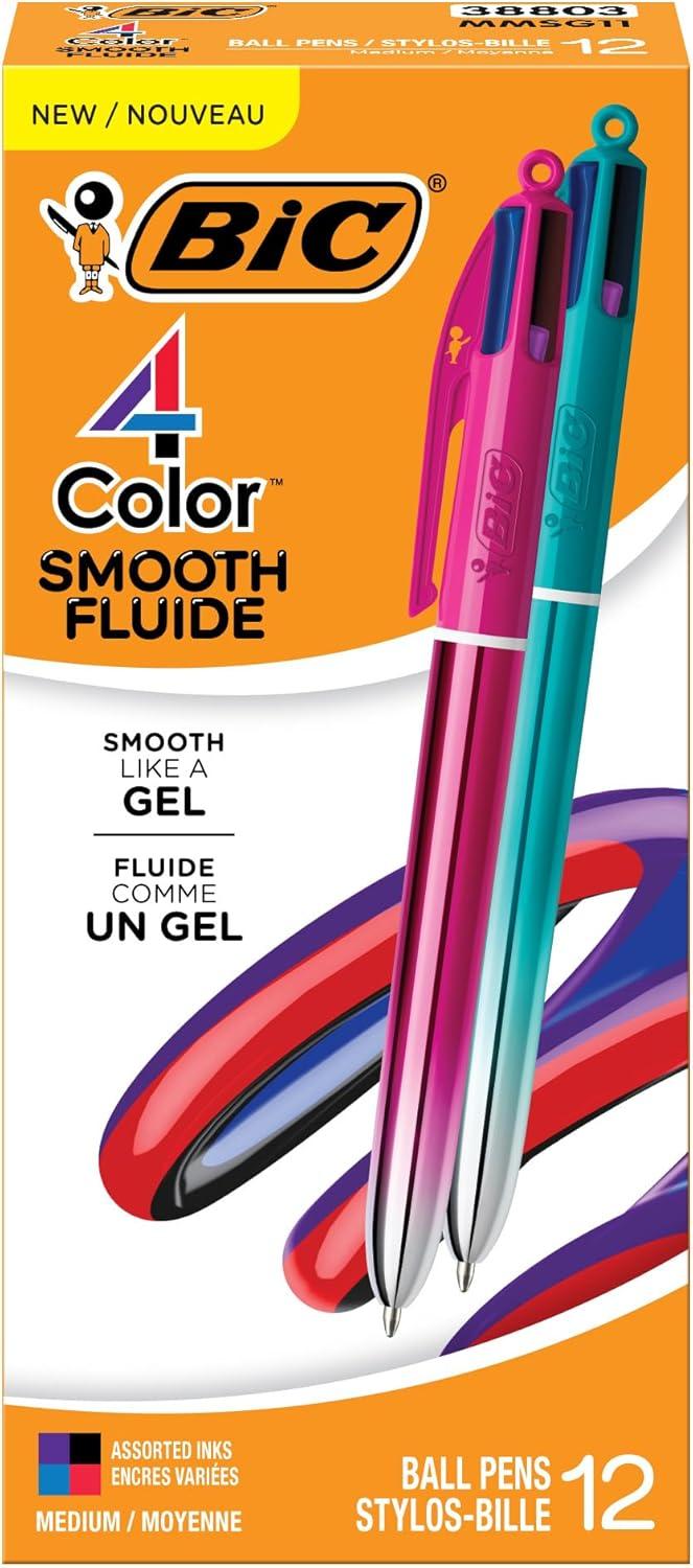 imageBIC 4Color Retractable Ballpoint Pens with 10 mm Medium Point and Assorted Ink Colors 12Count PackPurple  Black  Blue  Red Ink