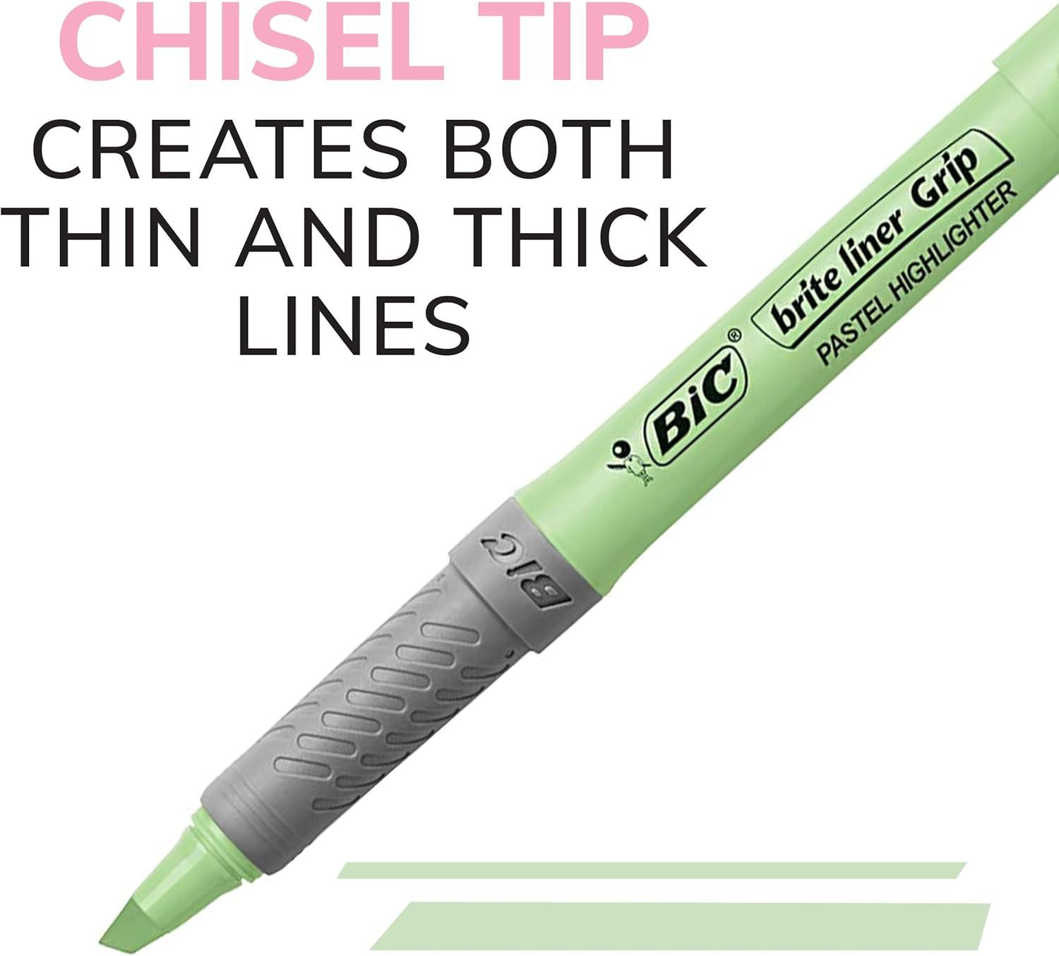 imageBIC Brite Liner Grip Pastel Highlighter Set Chisel Tip 12Count Pack of Pastel Highlighters in Assorted Colors Cute Highlighters for Bullet Journaling Note Taking and More