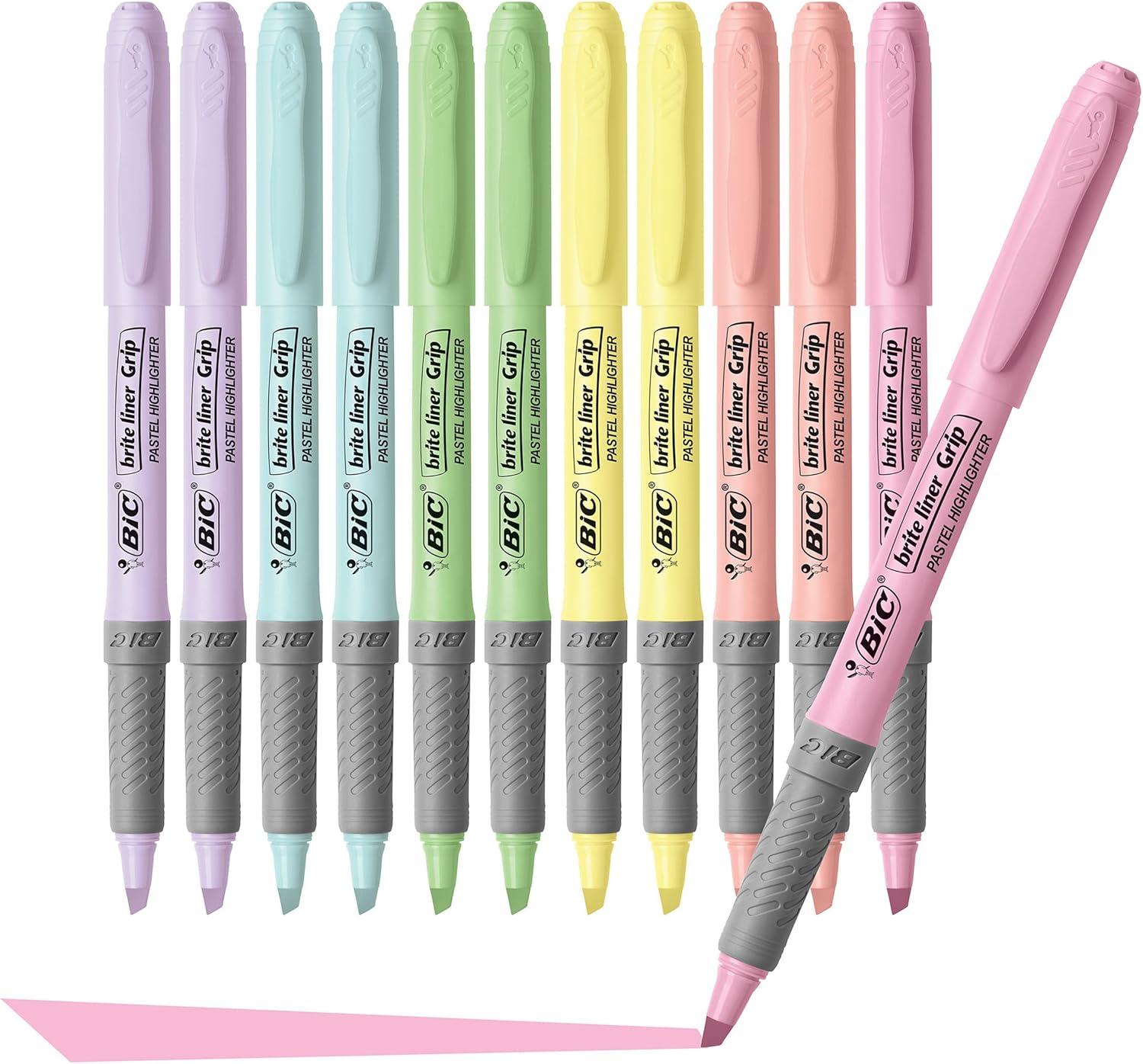 imageBIC Brite Liner Grip Pastel Highlighter Set Chisel Tip 12Count Pack of Pastel Highlighters in Assorted Colors Cute Highlighters for Bullet Journaling Note Taking and More