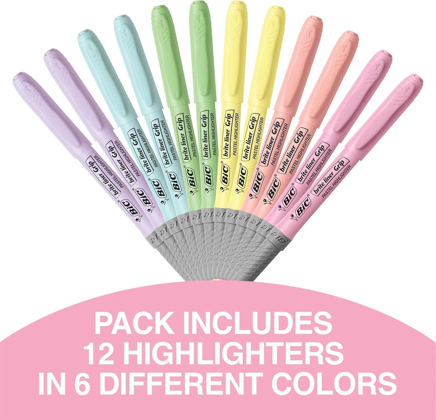 imageBIC Brite Liner Grip Pastel Highlighter Set Chisel Tip 12Count Pack of Pastel Highlighters in Assorted Colors Cute Highlighters for Bullet Journaling Note Taking and More