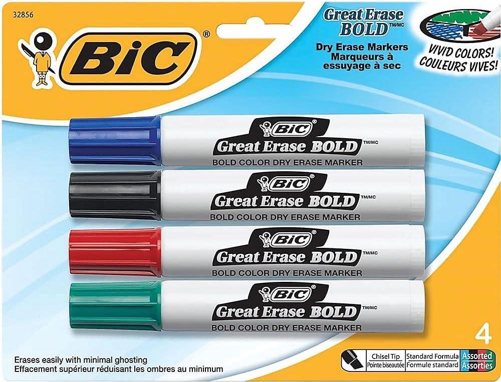 imageBIC Great Erase BOLD Dry Erase Marker Tank Style Chisel Tip Assorted Colors 4Count