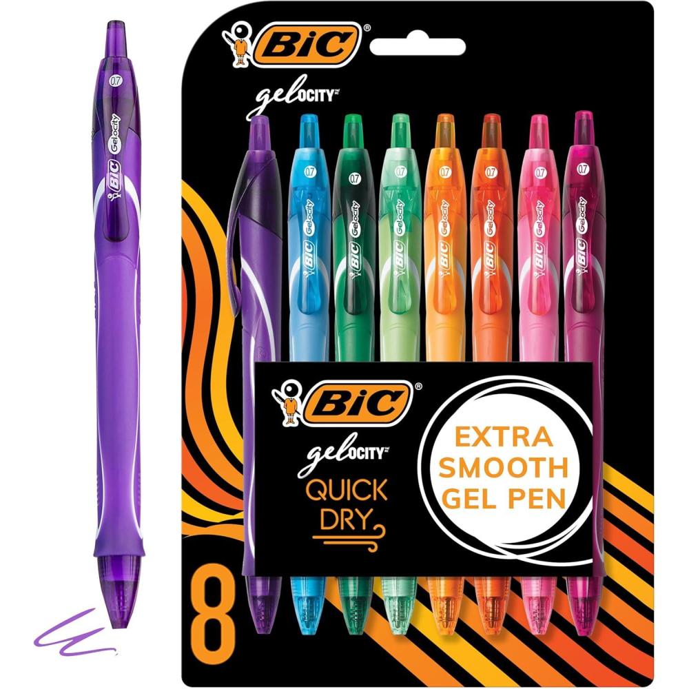 imageBIC Gelocity Quick Dry Assorted Colors Gel Pens Medium Point 07mm 8Count Pack Retractable Gel Pens With Comfortable Full Grip