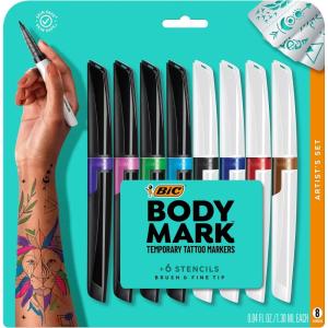 imageBIC BodyMark Temporary Tattoo Markers for Skin Artists Set Mixed Tip 8Count Pack of Assorted Colors SkinSafe Cosmetic QualityArtists Set