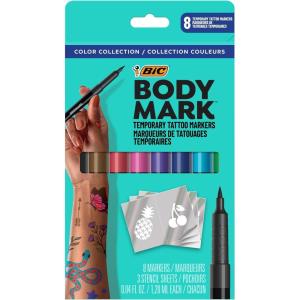 imageBIC BodyMark Temporary Tattoo Markers for Skin Artists Set Mixed Tip 8Count Pack of Assorted Colors SkinSafe Cosmetic QualityColor Set