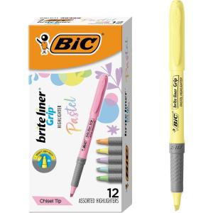 imageBIC Brite Liner Grip Pastel Highlighter Set Chisel Tip 12Count Pack of Pastel Highlighters in Assorted Colors Cute Highlighters for Bullet Journaling Note Taking and More