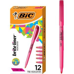 imageBIC Brite Liner Highlighters Chisel Tip 12Count Pack of Yellow Highlighters Ideal Highlighter Set for Organizing and ColoringPink