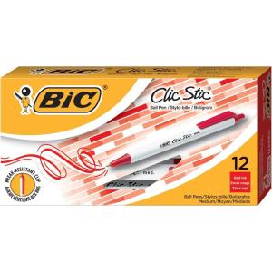 imageBIC Clic Stic Black Retractable Ballpoint Pens Medium Point 10mm 12Count Pack Round Barrel Design for Comfortable WritingRed