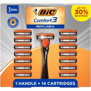 imageBIC Comfort 3 Refillable Disposable Razors for Men 1 Handle and 14 Cartridges With 3 Blades 15 Piece Razor Kit for Men1 Count Pack of 14