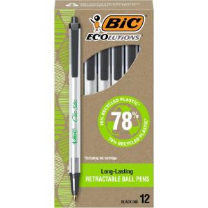 imageBIC Ecolutions Clic Stic Black Ballpoint Pens Medium Point 10mm 12Count Pack Retractable Ball Point Pens Made from 78 Recycled PlasticBlack