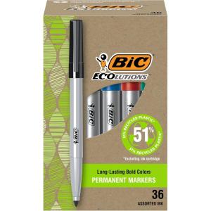 imageBIC Ecolutions Fine Permanent Markers Fine Bullet Tip 36Count Pack of Assorted Colors Marker Set Made from 51 Recycled Plastic