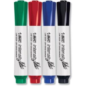 imageBIC Intensity Low Odor Dry Erase Markers Assorted Colors Chisel Tip 4Count Pack of Erasable Markers With LowOdor Ink for a Pleasant Writing ExperienceAssorted