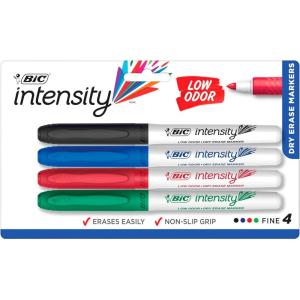 imageBIC Intensity Low Odor Dry Erase Markers Fine Tip Assorted Colors 4Count Pack of Erasable Markers With LowOdor Ink for a Pleasant Writing Experience