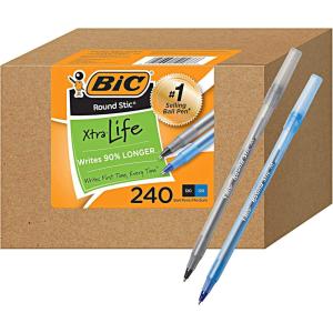 imageBIC PENS Bulk Pack of 240 Ink Pens Round Stic Xtra Life Ballpoint Medium point 10 mm 120 Black ampamp 120 Blue Combo Pack in Bulk
