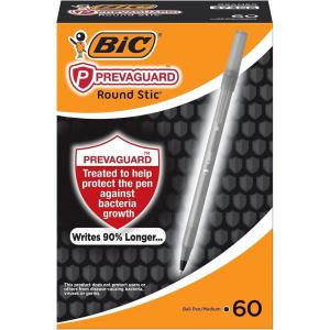 imageBIC PrevaGuard Round Stic Ballpoint Pen With Builtin Protection To Suppress Bacteria Growth Medium Point 10 mm Black 60Count60 Count Pack of 1