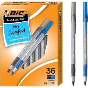imageBIC Round Stic Grip Xtra Comfort Assorted Colors Ballpoint Pens Medium Point 12mm 36Count Pack Perfect Writing Pens With Soft Grip for Superb Comfort and Control