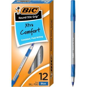 imageBIC Round Stic Grip Xtra Comfort Fine Blue Ballpoint Pens Medium Point 08 mm 12Count Pack Excellent Writing Pens With Soft Grip for Superb Comfort and Control