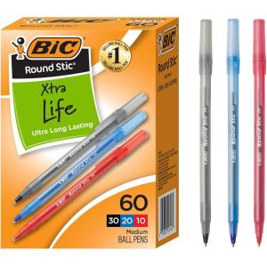 imageBIC Round Stic Xtra Life Ballpoint Pen Ultra Long Lasting and Consistent Ink Flow 60Count in Black InkAssorted Colors