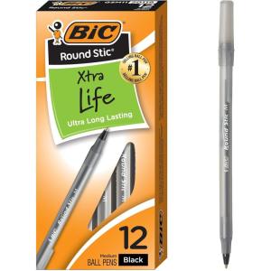 imageBIC Round Stic Xtra Life Black Ballpoint Pens Medium Point 10mm 12Count Pack of Bulk Pens Flexible Round Barrel for Writing Comfort No 1 Selling Ballpoint Pens1