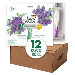 imageBIC Soleil Escape Womens Disposable Razors With 3 Blades for a Sensorial Experience and Comfortable Shave Pack of Lavender ampamp Eucalyptus Scented Handle Shaving Razors for Women 12 Count