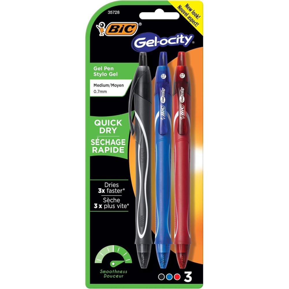 imageBIC GelOcity Quick Dry Gel Pens Medium Point Retractable Gel Pen 07mm Assorted Colors 3CountAssorted