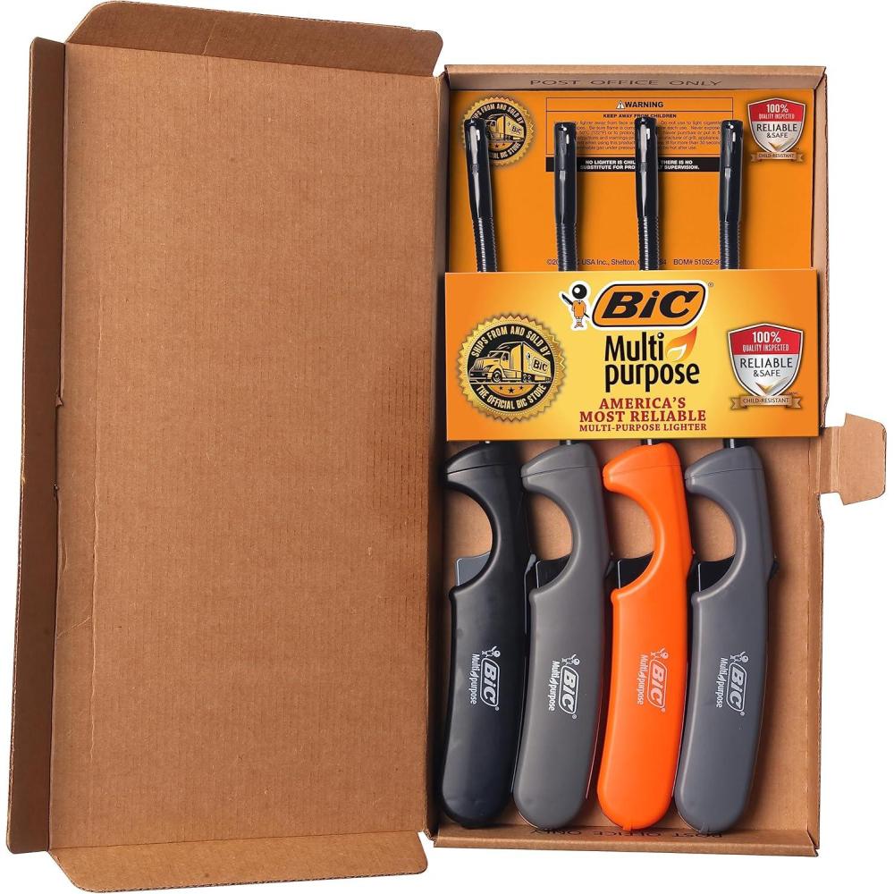 imageBIC Multi Purpose Lighter with Long Flex Wand Great Lighter for Candles Grills and Fireplaces 4 Count Pack of Lighters Assorted Colors
