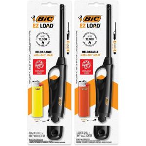 imageBIC EZ Load Lighter Reloadable Multi Purpose Lighter Great to Use Camping Grilling and for Fireplaces Pack with 2 EZ Load Long Shells and 2 BIC Maxi Pocket Lighters2