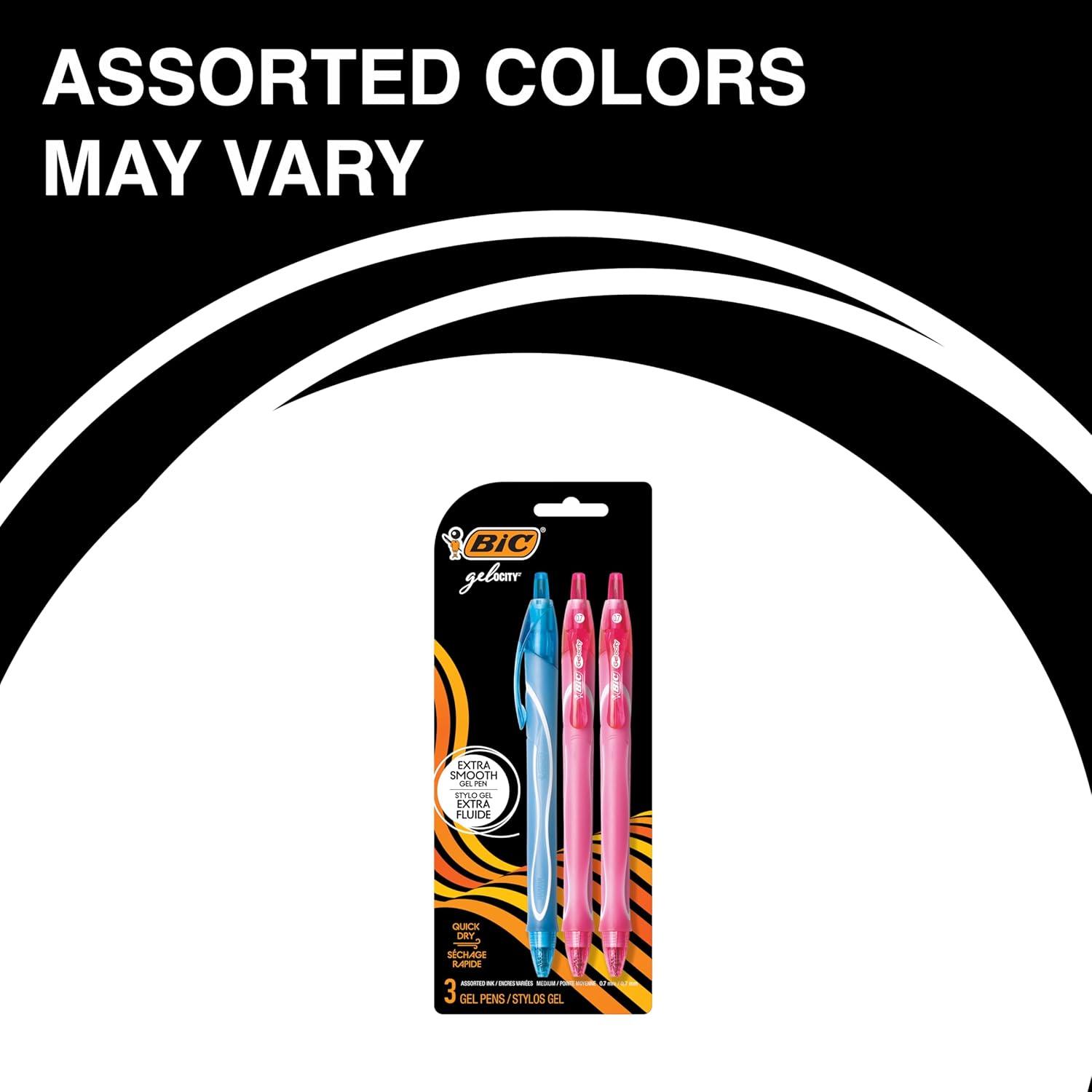imageBIC Gelocity Quick Dry Assorted Colors Gel Pens Medium Point 07mm 3Count Pack Retractable Gel Pens With Comfortable Full Grip