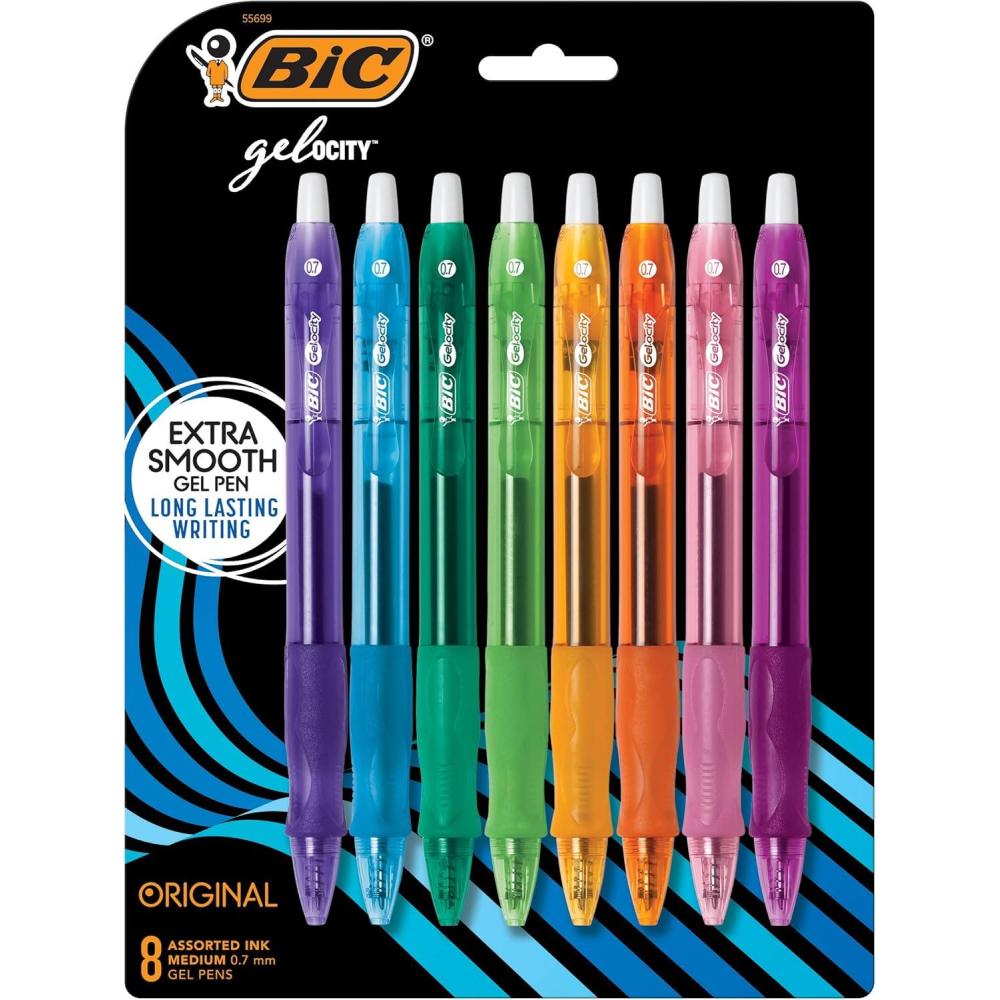 imageBIC Gelocity Original Assorted Fashion Colors Gel Pens Medium Point 07mm 8Count Pack Retractable Gel Pens With Comfortable Grip