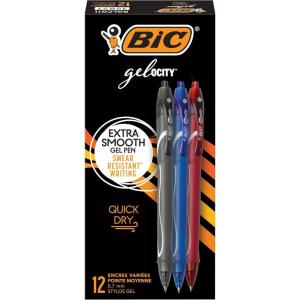 imageBIC Gelocity Quick Dry Assorted Colors Gel Pens Medium Point 07mm 12Count Pack Retractable Gel Pens With Comfortable Full Grip