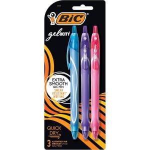 imageBIC Gelocity Quick Dry Assorted Colors Gel Pens Medium Point 07mm 3Count Pack Retractable Gel Pens With Comfortable Full Grip