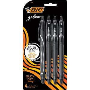 imageBIC Gelocity Quick Dry Black Gel Pens Medium Point 07mm 4Count Pack Retractable Gel Pens With Comfortable Full Grip