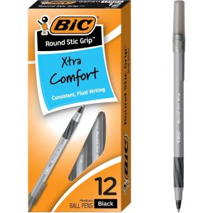 imageBIC Round Stic Grip Xtra Comfort Black Ballpoint Pens Medium Point 12mm 12Count Pack Perfect Writing Pens With Soft Grip for Superb Comfort and Control
