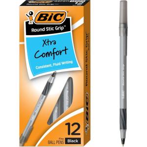 imageBIC Round Stic Grip XtraComfort Ballpoint Pens Medium Point 12 mm Gray Barrel Black Ink Pack Of 12 Pens