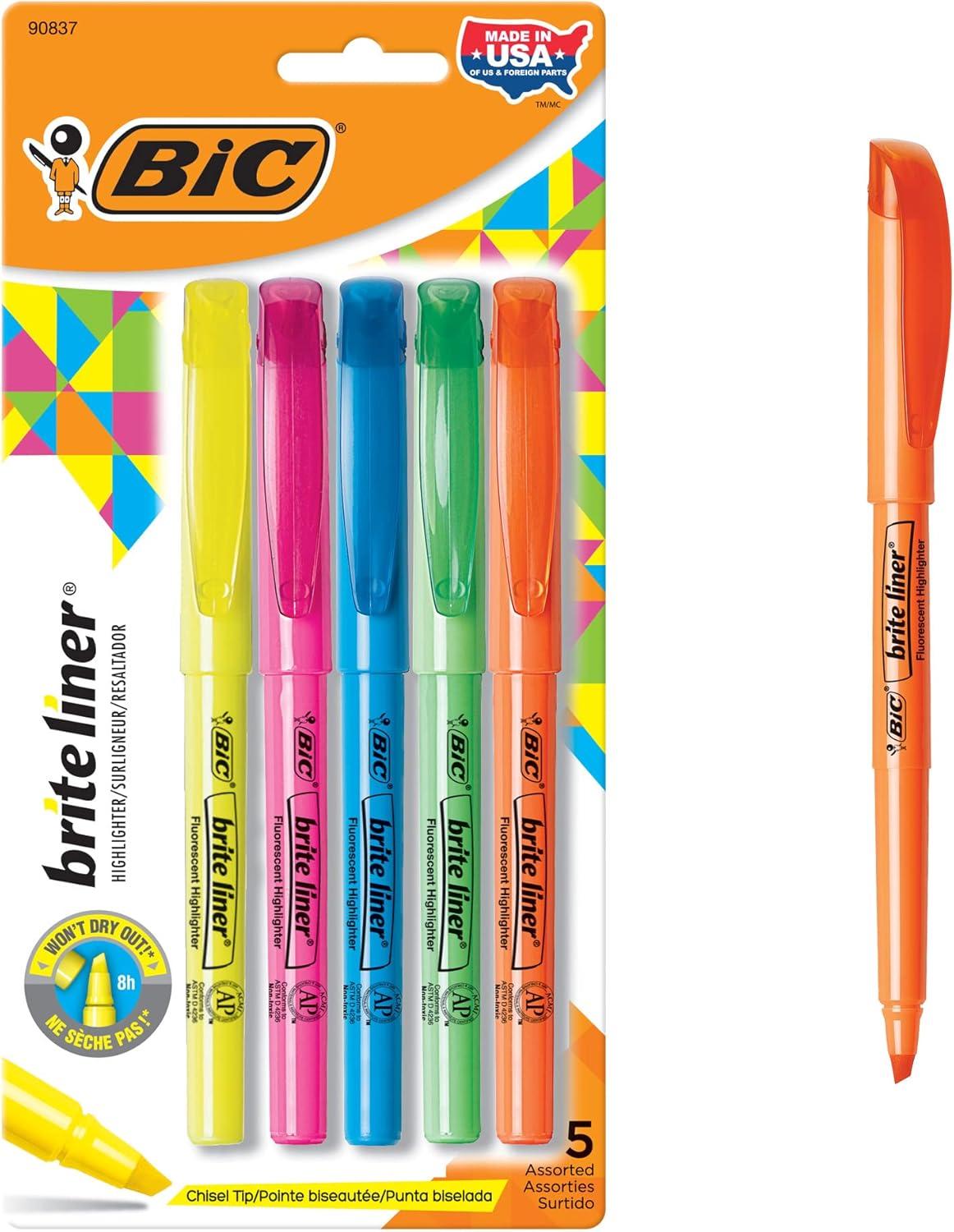 imageBIC Brite Liner Chisel Tip Highlighters LongLasting 5Count in Assorted Colors for School SuppliesAssorted