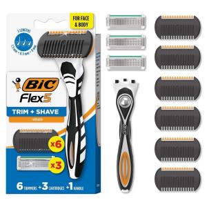 imageBIC Flex 5 Trim and Shave Body and Beard Trimmer for Men 5 Blades 3in1 Grooming Kit 1 Handle 3 Razor Refills 6 Trimmers No Batteries Needed
