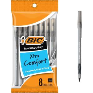 imageBIC Round Stic Grip Xtra Comfort Black Ballpoint Pens Medium Point 12mm 8Count Pack Perfect Writing Pens With Soft Grip for Superb Comfort and Control