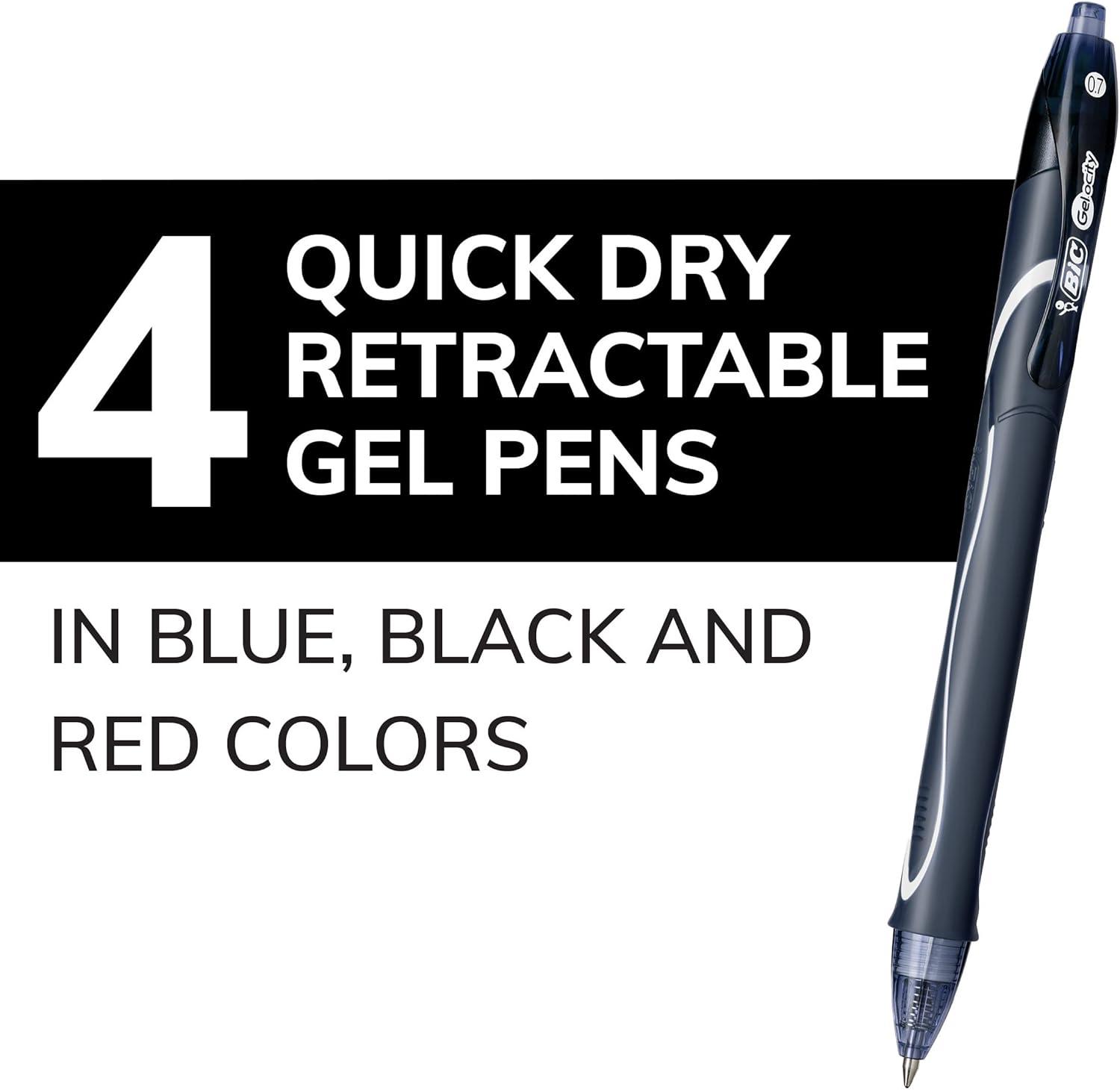 imageBIC Gelocity Quick Dry Assorted Colors Gel Pens Medium Point 07mm 4Count Pack Retractable Gel Pens With Comfortable Full Grip