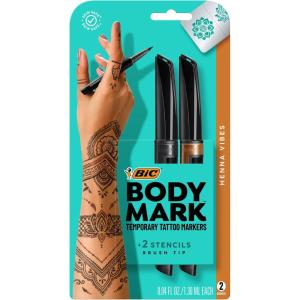 imageBIC BodyMark Temporary Tattoo Markers for Skin Henna Vibes Flexible Brush Tip 2Count Pack of Assorted Colors SkinSafe Cosmetic Quality