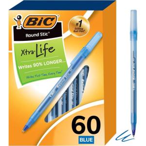 imageBIC Round Stic Xtra Life Black Ballpoint Pens Medium Point 10mm 60Count Pack of Bulk Pens Flexible Round Barrel for Writing Comfort No 1 Selling Ballpoint PensBlue