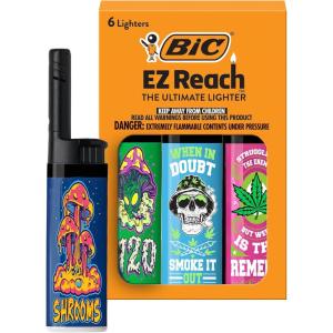 imageBIC EZ Reach Candle Lighter The Ultimate Lighter with Wand for Candles Counterculture Shrooms 420 Assorted Designs 6 Count Pack of Lighters