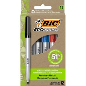 imageBIC Ecolutions Fine Permanent Markers Fine Bullet Tip 12Count Pack of Assorted colours Marker Set Made from 51 Recycled Plastic12 Count Pack of 1