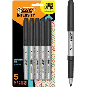 imageBIC Intensity Black Permanent Markers Fine Point 5Count Pack of Black Markers With NonSlip Grip for Comfort and Control